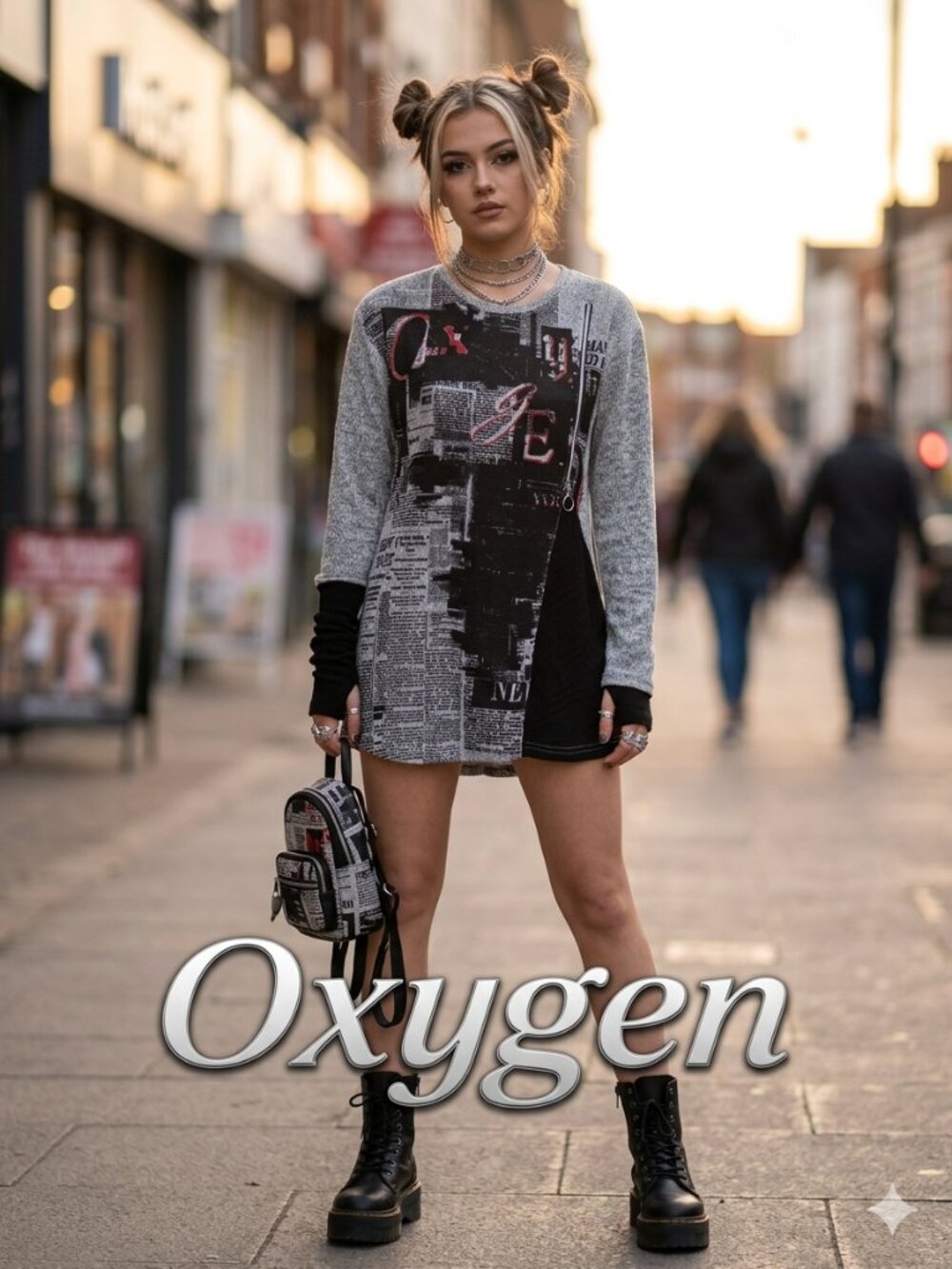 Oxygen Y2K Grunge Newspaper Print Top Size S O-Ring Zipper High Low Hem Vintage